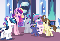 Size: 1280x867 | Tagged: safe, artist:kucysia123, imported from derpibooru, pound cake, princess cadance, princess flurry heart, shining armor, oc, oc:crystal shield, oc:midnight armor, alicorn, pegasus, pony, unicorn, base used, offspring, older, older flurry heart, older pound cake, parent:princess cadance, parent:shining armor, parents:shiningcadance