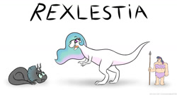 Size: 1030x556 | Tagged: safe, artist:banebuster, imported from derpibooru, princess celestia, queen chrysalis, twilight sparkle, dinosaur, human, original species, reptile, triceratops, tyrannosaurus rex, series:tiny tia, barefoot, caveman, cavemare, cowering, eye contact, eyes on the prize, feet, female, frown, genndy tartakovsky's primal, humanized, loincloth, looking at each other, lying down, muscles, neanderthal, open mouth, prehistoric, primal, prone, pun, scared, simple background, smiling, spear, species swap, text, tongue out, wavy mouth, weapon, white background, wide eyes