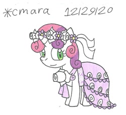 Size: 854x778 | Tagged: safe, artist:cmara, imported from derpibooru, sweetie belle, pony, unicorn, 12, 20, 29, clothes, cute, diasweetes, dress, female, filly, floral head wreath, flower, flower filly, flower girl, flower girl dress, simple background, solo, traditional art, wedding dress, white background