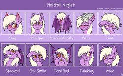 Size: 3572x2200 | Tagged: safe, artist:sevenserenity, imported from derpibooru, oc, oc only, oc:pinkfull night, bat pony, pony, bat pony oc, bat wings, blushing, commission, discord emotes, ear fluff, emote set, fangs, female, glasses, looking at you, one eye closed, petting, sad, scared, shy, smiling at you, solo, spread wings, staring at you, sticker pack, sweat, teenager, thinking, wings, wink, winking at you