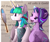 Size: 1900x1590 | Tagged: safe, artist:yakovlev-vad, imported from derpibooru, princess celestia, starlight glimmer, alicorn, pony, unicorn, alternate hairstyle, comb, duo, female, glowing horn, haircut, height difference, horn, levitation, magic, manecut, mare, mirror, open mouth, physique difference, quack, scissors, short mane, slim, smiling, telekinesis, thin