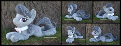 Size: 4552x1754 | Tagged: safe, artist:peruserofpieces, imported from derpibooru, octavia melody, earth pony, pony, background pony, beanie (plushie), bedroom eyes, bowtie, female, irl, lying down, mare, photo, plushie, prone, smiling, smiling at you, solo, tree