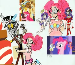 Size: 2453x2139 | Tagged: safe, artist:citi, imported from derpibooru, screencap, discord, pinkie pie, rarity, human, make new friends but keep discord, the saddle row review, angel rarity, breasts, cleavage, devil rarity, humanized, pitchfork, scene interpretation, screencap reference, shoulder angel, shoulder devil, trident