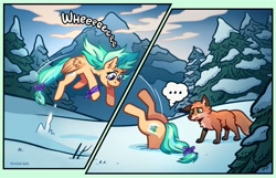 Size: 4096x2643 | Tagged: safe, artist:simondrawsstuff, imported from derpibooru, oc, oc only, oc:summer ray, fox, pegasus, pony, ..., 2 panel comic, behaving like a fox, butt, comic, forest, jumping, mountain, plot, pounce, smiling, snow, stuck