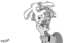 Size: 1200x675 | Tagged: safe, artist:pony-berserker, imported from derpibooru, maud pie, pinkie pie, earth pony, pony, balancing, clothes, cute, dress, female, halftone, looking at each other, mare, monochrome, pie sisters, pinkie being pinkie, ponies balancing stuff on their nose, pony-berserker's twitter sketches, siblings, sisters, smiling, stippling, when she smiles