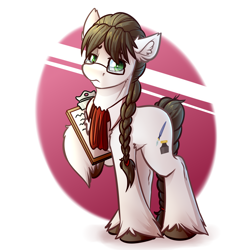 Size: 4000x4000 | Tagged: safe, artist:witchtaunter, imported from derpibooru, raven, oc, oc only, oc:draven inkwell, earth pony, pony, braided tail, clipboard, commission, glasses, male, rule 63, solo