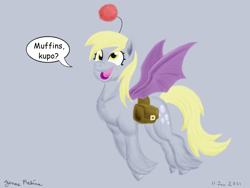 Size: 1600x1200 | Tagged: safe, artist:rockhoppr3, imported from derpibooru, derpy hooves, hybrid, moogle, pony, bag, bat wings, final fantasy, saddle bag, solo, speech bubble, unshorn fetlocks, wings