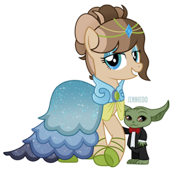 Size: 1200x1199 | Tagged: safe, artist:jennieoo, imported from derpibooru, oc, oc only, oc:evie, earth pony, pony, baby yoda, clothes, dress, eyeshadow, gala dress, grogu, makeup, show accurate, solo, star wars, suit, the mandalorian, tuxedo, yoda