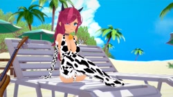 Size: 1280x720 | Tagged: safe, artist:legions20, imported from derpibooru, oc, oc:shampoo, cow, human, 3d, beach, bell, clothes, cowprint, cute, feet, horns, humanized, koikatsu, legs, looking at you, ponytail, sitting, socks, stocking feet, stockings, thigh highs
