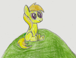 Size: 1000x765 | Tagged: safe, artist:raptor1701, imported from derpibooru, noi, earth pony, pony, atg 2013, colored pencil drawing, cute, female, filly, hill, noiabetes, simple background, sitting, smiling, traditional art, white background