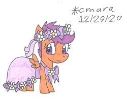 Size: 1031x805 | Tagged: safe, artist:cmara, imported from derpibooru, scootaloo, pegasus, pony, clothes, dress, female, filly, floral head wreath, flower, flower filly, flower girl, flower girl dress, simple background, solo, traditional art, white background