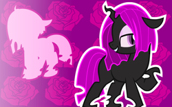 Size: 1600x1000 | Tagged: safe, artist:amgiwolf, imported from derpibooru, oc, oc only, oc:pinky rose, changeling, changeling queen, bedroom eyes, changeling queen oc, duo, female, flower, grin, looking back, makeup, purple changeling, raised hoof, rose, silhouette, simple background, smiling, transparent background