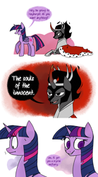 Size: 2500x4500 | Tagged: artist needed, safe, artist:overthemaginot, imported from derpibooru, king sombra, twilight sparkle, pony, unicorn, bag, cape, clothes, comic, dialogue, duo, female, lying down, male, order, saddle bag, speech bubble, sweat