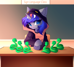 Size: 3400x3100 | Tagged: safe, artist:airiniblock, imported from derpibooru, oc, oc only, oc:dream vezpyre, oc:dream², pony, snake, unicorn, clothes, commission, desk, hoodie, rcf community, sitting
