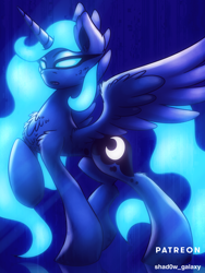 Size: 750x1000 | Tagged: safe, artist:shad0w-galaxy, imported from derpibooru, princess luna, alicorn, pony, female, fluffy, glowing eyes, mare, patreon, simple background, slim, solo