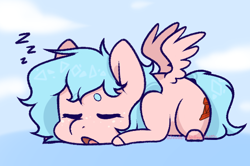 Size: 586x388 | Tagged: safe, artist:wooden-willow, imported from derpibooru, cozy glow, pegasus, pony, alternate hairstyle, cozybetes, cute, eyes closed, female, filly, gradient background, onomatopoeia, open mouth, sleeping, solo, sound effects, spread wings, wings, zzz
