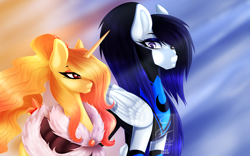 Size: 2860x1780 | Tagged: safe, artist:minelvi, imported from derpibooru, oc, oc only, oc:cyan crystal, pegasus, pony, unicorn, abstract background, clothes, eyelashes, female, horn, makeup, mare, pegasus oc, siblings, sisters, unicorn oc, wings