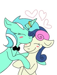Size: 815x1070 | Tagged: safe, alternate version, artist:lowname, imported from derpibooru, bon bon, lyra heartstrings, sweetie drops, earth pony, pony, unicorn, blush sticker, blushing, bowtie, bust, crying, duo, eyes closed, female, floating heart, floral head wreath, flower, forehead kiss, heart, horn, horn ring, jewelry, kissing, lesbian, lyrabon, mare, ring, shipping, simple background, smiling, tears of joy, white background