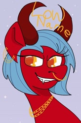 Size: 628x955 | Tagged: safe, artist:lowname, imported from derpibooru, oc, oc only, demon, demon pony, original species, bust, ear piercing, earring, eyelashes, grin, horns, jewelry, necklace, nose piercing, nose ring, piercing, simple background, smiling, solo