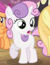 Size: 531x692 | Tagged: safe, imported from derpibooru, screencap, noi, scootaloo, sweetie belle, earth pony, pegasus, pony, unicorn, simple ways, appalled, banner, female, filly, folded wings, horseshoes, offscreen character, shocked, solo, solo focus, sweetieshock, wings