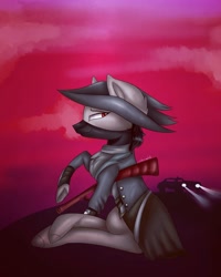 Size: 1080x1350 | Tagged: safe, artist:rxndxm.artist, imported from derpibooru, oc, oc only, earth pony, pony, bandana, car, clothes, cloud, earth pony oc, frog (hoof), gun, hat, outdoors, pirate hat, raised hoof, sitting, solo, underhoof, weapon