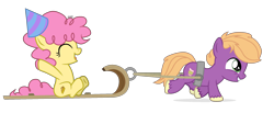 Size: 2450x1007 | Tagged: safe, alternate version, artist:akiraau, imported from derpibooru, li'l cheese, little mac, earth pony, pony, best gift ever, the last problem, colt, commission, cute, duo, eyes closed, female, filly, grin, happy, hat, junior mac n cheese, li'l cuteese, male, open mouth, party hat, pulling, raised hoof, raised leg, simple background, sitting, sled, sleigh, smiling, transparent background, unshorn fetlocks, vector, ych result