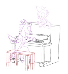 Size: 650x700 | Tagged: safe, artist:anonymous, spike, changeling, dragon, duo, lineart, male, musical instrument, piano, sitting, sketch, smiling