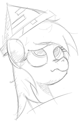 Size: 362x534 | Tagged: safe, artist:anonymous, derpy hooves, pony, black and white, bust, female, grayscale, hat, looking up, mare, monochrome, newspaper hat, paper hat, portrait, scrunchy face, sketch, solo