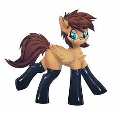 Size: 2250x2127 | Tagged: safe, alternate version, artist:pony-butt-express, imported from ponybooru, oc, oc only, oc:kuri, pegasus, pony, butt fluff, chest fluff, clothes, female, latex, looking back, mare, simple background, smiling, socks, solo, style emulation, thigh highs, white background, wings