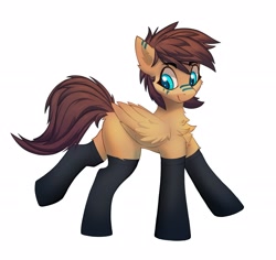 Size: 2250x2127 | Tagged: safe, alternate version, artist:pony-butt-express, imported from ponybooru, oc, oc only, oc:kuri, pegasus, pony, butt fluff, chest fluff, clothes, female, looking back, mare, simple background, smiling, socks, solo, style emulation, thigh highs, white background, wings