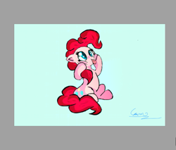 Size: 903x768 | Tagged: safe, artist:@cameron, imported from derpibooru, pinkie pie, cute, looking up, pinkie being pinkie, sitting, squishy cheeks, sticking tongue out