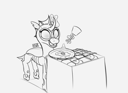 Size: 5500x4000 | Tagged: safe, imported from ponybooru, oc, oc only, oc:yvette (evan555alpha), changeling, changeling oc, cooking, egg, female, frying pan, glasses, happy, magic, monochrome, round glasses, signature, sketch, solo, spatula, stove
