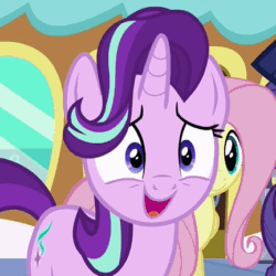 Size: 432x432 | Tagged: safe, imported from ponybooru, screencap, fluttershy, rarity, pegasus, pony, unicorn, animated, cropped, friendship express, gif, laughing, nervous, nervous laugh, offscreen character, open mouth, solo focus, trio