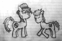 Size: 900x600 | Tagged: safe, imported from ponybooru, oc, oc only, oc:leslie fair, oc:molly tov, cowboy hat, hat, lined paper, meme, offended, oof, pencil drawing, ponified meme, racism, squint, traditional art