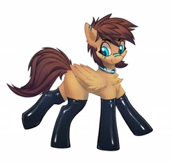 Size: 2250x2127 | Tagged: safe, alternate version, artist:pony-butt-express, imported from ponybooru, oc, oc only, oc:kuri, pegasus, pony, butt fluff, chest fluff, clothes, collar, female, latex, looking back, mare, simple background, smiling, socks, solo, style emulation, thigh highs, white background, wings
