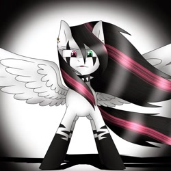 Size: 900x900 | Tagged: safe, artist:emalajiss36, imported from derpibooru, oc, oc only, oc:emala jiss, pegasus, pony, choker, heterochromia, pegasus oc, socks (coat marking), solo, spiked choker, spread wings, wings