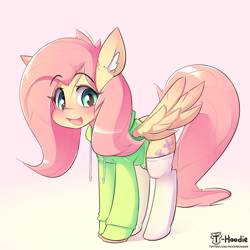 Size: 2222x2222 | Tagged: safe, artist:hoodie, imported from derpibooru, fluttershy, pegasus, pony, blushing, clothes, cute, daaaaaaaaaaaw, ear fluff, eyebrows, eyebrows visible through hair, female, high res, hoodie, mare, open mouth, open smile, shyabetes, smiling, socks, solo, stockings, stray strand, sweater, sweatershy, thigh highs