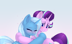Size: 3268x2016 | Tagged: safe, artist:jennyberry, imported from derpibooru, starlight glimmer, trixie, pony, unicorn, female, heart, high res, hug, lesbian, love, mare, shipping, simple background, startrix