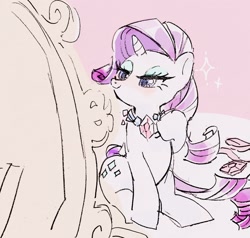 Size: 2048x1950 | Tagged: safe, artist:dkd_kkrh, imported from derpibooru, rarity, pony, unicorn, cute, female, jewelry, lidded eyes, mare, mirror, necklace, raribetes, sitting, solo