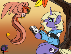Size: 2824x2160 | Tagged: safe, artist:brainiac, derpibooru exclusive, imported from derpibooru, oc, oc only, oc:willowisp, pony, unicorn, bottomlees, commission, dock, duo, fall guys, female, mare, owl phoenix hybrid, solo