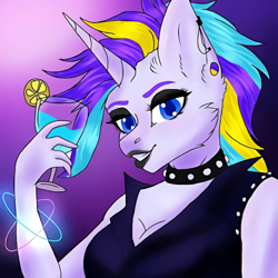 Size: 450x450 | Tagged: artist needed, source needed, safe, imported from derpibooru, rarity, anthro, unicorn, alternate hairstyle, bracelet, bust, choker, clothes, cocktail glass, ear piercing, eyelashes, female, glowstick, jewelry, lipstick, makeup, piercing, punk, raripunk, smiling, solo, spiked choker