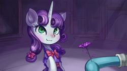 Size: 3840x2160 | Tagged: safe, artist:alexsavenije, imported from derpibooru, sweetie belle, pony, unicorn, clothes, dress, flower, ribbon, smiling