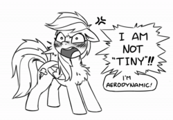 Size: 1146x792 | Tagged: safe, artist:bunchedupletters, imported from derpibooru, rainbow dash, pegasus, pony, ai assisted, ai content, aivo, angry, animated, artificial intelligence, ashleigh ball, blatant lies, blushing, chest fluff, comic dub, cross-popping veins, cute, cutie mark, dashabetes, embarrassed, female, fifteen.ai, looking at you, madorable, mare, marelet, monochrome, simple background, small, smol, smoldash, solo, sound, speech bubble, text, unkempt mane, voice acting, webm, yelling