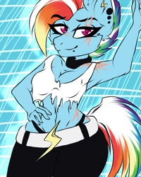 Size: 960x1200 | Tagged: safe, artist:devika_wrath, imported from derpibooru, rainbow dash, anthro, pegasus, abstract background, clothes, ear piercing, eye scar, female, hand on hip, panties, pants, piercing, scar, smiling, solo, thong, torn clothes, underwear, wingless, wingless anthro