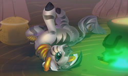 Size: 1280x768 | Tagged: safe, artist:jesusy, imported from derpibooru, zecora, pony, zebra, cute, female, glow, glowing, heart eyes, horses doing horse things, looking at you, lying down, mare, on back, signature, smiling, solo, wingding eyes, zebras doing zebra things, zecora's hut, zecorable