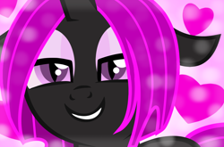 Size: 1024x676 | Tagged: safe, artist:amgiwolf, imported from derpibooru, oc, oc only, oc:pinky rose, changeling, changeling queen, bedroom eyes, bust, changeling queen oc, female, grin, heart, purple changeling, smiling, solo