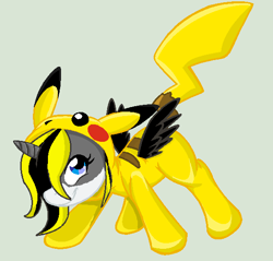 Size: 581x556 | Tagged: safe, artist:juliet-gwolf18, imported from derpibooru, oc, oc only, oc:juliet, alicorn, pikachu, pony, alicorn oc, base used, clothes, costume, eyelashes, female, horn, kigurumi, mare, pokémon, simple background, smiling, solo, wings