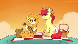 Size: 1920x1078 | Tagged: safe, artist:moshiitomo, imported from derpibooru, bright mac, pear butter, earth pony, pony, the perfect pear, basket, brightbutter, chest fluff, cute, ear fluff, female, guitar, looking at each other, male, mare, musical instrument, picnic basket, picnic blanket, profile, scene interpretation, shipping, sitting, smiling, stallion, straight, you're in my head like a catchy song