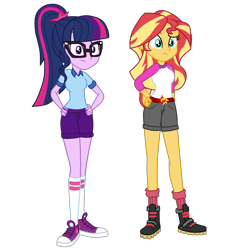 Size: 2427x2490 | Tagged: safe, artist:gmaplay, imported from derpibooru, sci-twi, sunset shimmer, twilight sparkle, equestria girls, legend of everfree, camp everfree, camp everfree outfits, converse, duo, duo female, female, shoes, simple background, sneakers, solo, transparent background, vector