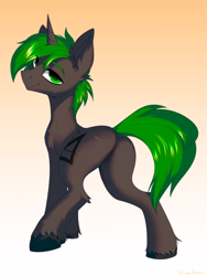 Size: 3000x4000 | Tagged: safe, artist:vincher, edit, imported from derpibooru, oc, oc only, pony, unicorn, bedroom eyes, butt, colored pupils, dock, ear fluff, eye clipping through hair, eyebrows, eyebrows visible through hair, featureless crotch, gradient background, horn, lidded eyes, looking at you, looking back, looking back at you, male, plot, raised leg, signature, smiling, solo, solo male, stallion, underhoof, unshorn fetlocks